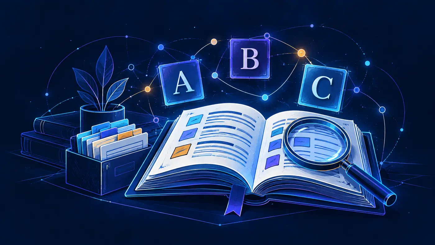 An outlined reference book, index cards, alphabet tiles, and magnifying lens illustrating connected product terminology.