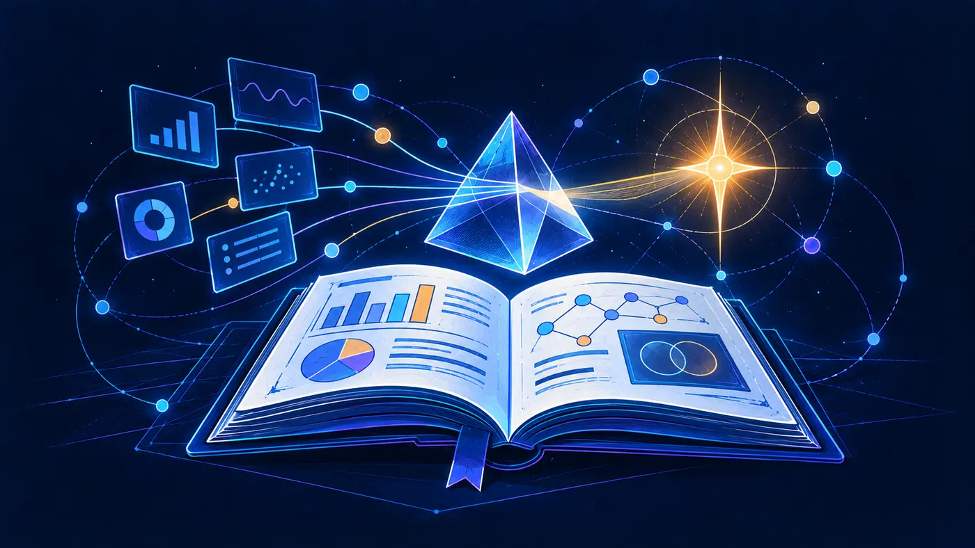 An outlined analysis journal and observation prism turning product signals into a focused insight.